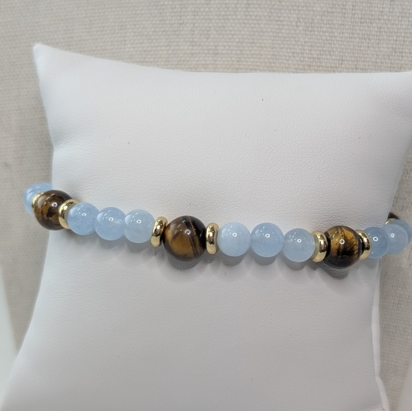 Aquamarine & Tiger's Eye With Gold Accents - Necklace & Bracelet Set D073 - Picture 5 of 9
